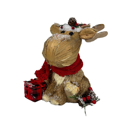 10" Brown Red And Green Straw Reindeer Christmas Reindeer Figurine HomeRoots