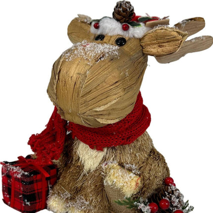 10" Brown Red And Green Straw Reindeer Christmas Reindeer Figurine HomeRoots