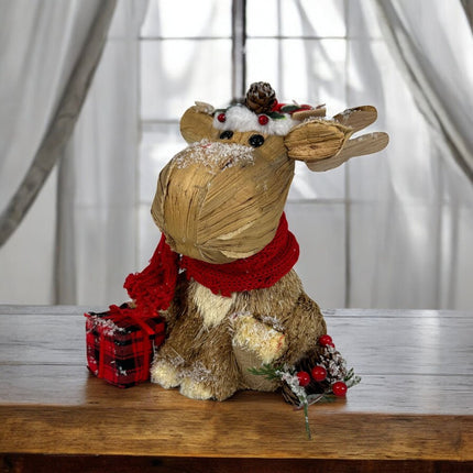 10" Brown Red And Green Straw Reindeer Christmas Reindeer Figurine HomeRoots