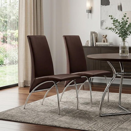 Set of Two Dark Brown and Silver Faux Leather Dining Side Chairs HomeRoots
