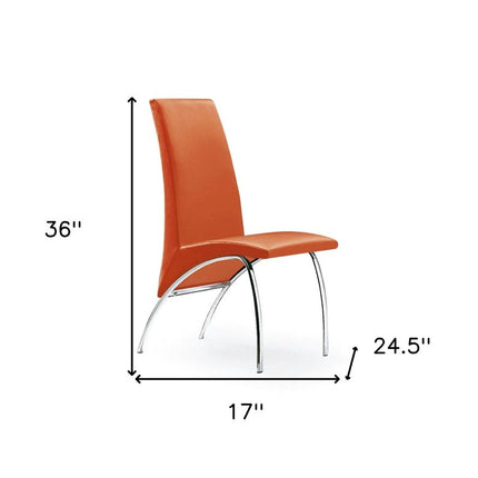 Set of Two Orange And Silver Upholstered Faux Leather Dining Side Chairs HomeRoots