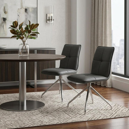Set of Two Gray and Silver Faux Leather Swivel Dining Side Chairs HomeRoots