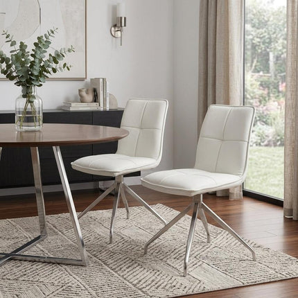 Set of Two White and Silver Faux Leather Swivel Dining Side Chairs HomeRoots