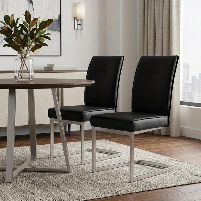 Set of Two Black and Silver Faux Leather Dining Side Chairs HomeRoots