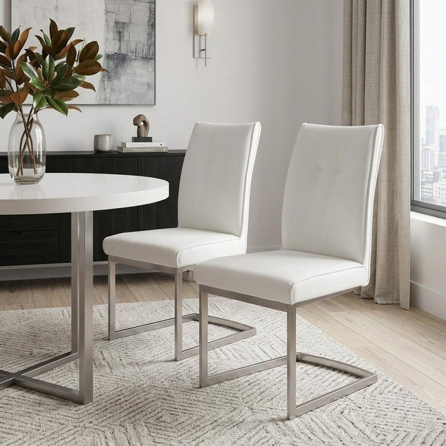 Set of Two White and Silver Faux Leather Dining Side Chairs HomeRoots