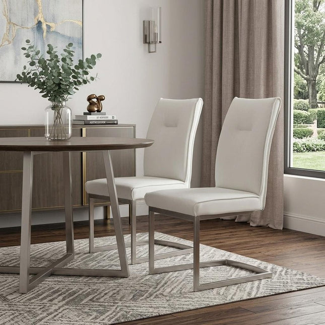 Set of Two White Gray and Silver Faux Leather Dining Side Chairs HomeRoots