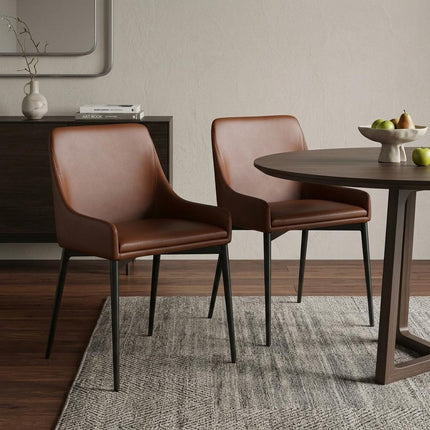 Set of Two Chestnut and Black Faux Leather Dining Side Chairs