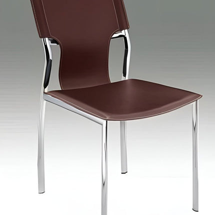Set of Four Dark Brown and Silver Metal and Leather Dining Side Chairs