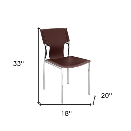 Set of Four Dark Brown and Silver Metal and Leather Dining Side Chairs