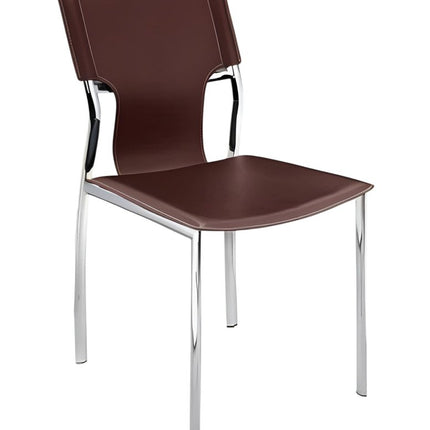 Set of Four Dark Brown and Silver Metal and Leather Dining Side Chairs