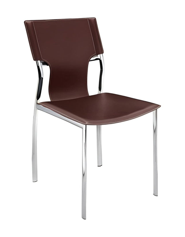 Set of Four Dark Brown and Silver Metal and Leather Dining Side Chairs
