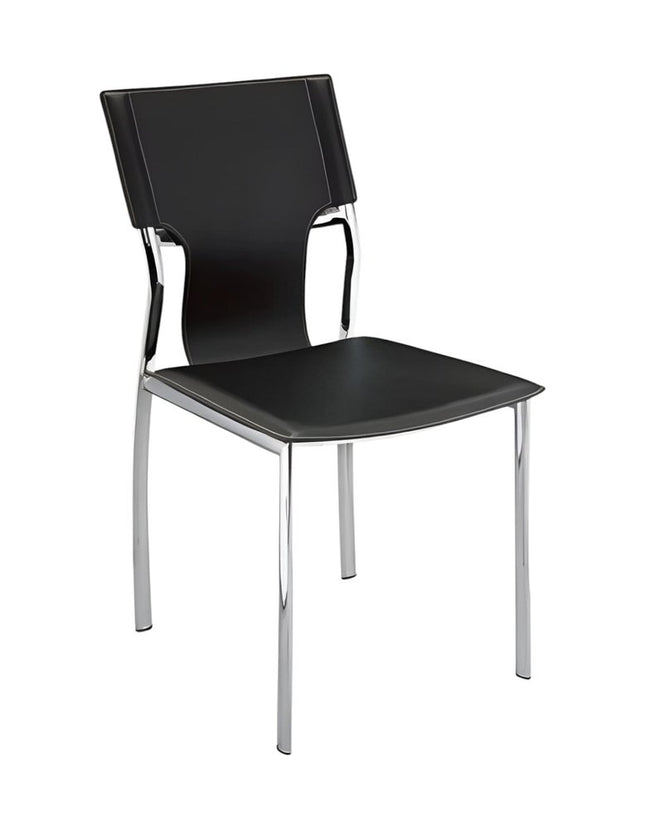 Set of Four Black and Silver Metal and Leather Partially Open Back Dining Side Chairs