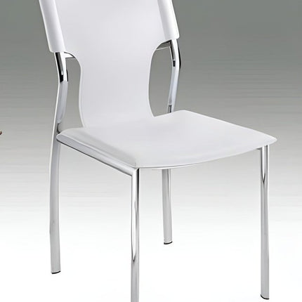 Set of Four White and Silver Metal and Leather Dining Side Chairs