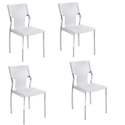 Set of Four White and Silver Metal and Leather Dining Side Chairs