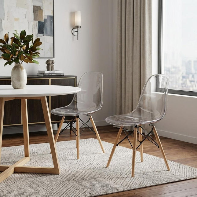 Set of Two Clear and Natural Wood and Heavy Duty Plastic Dining Side Chairs HomeRoots