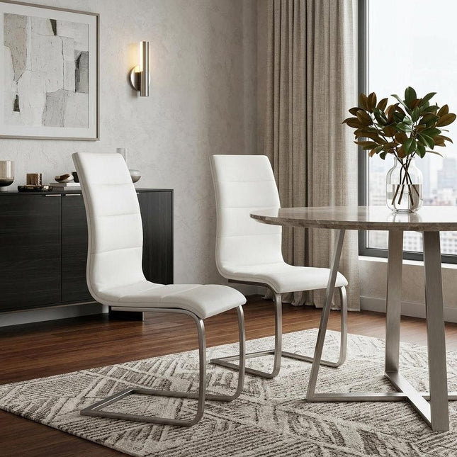 Set of Two White and Silver Faux Leather Dining Side Chairs HomeRoots
