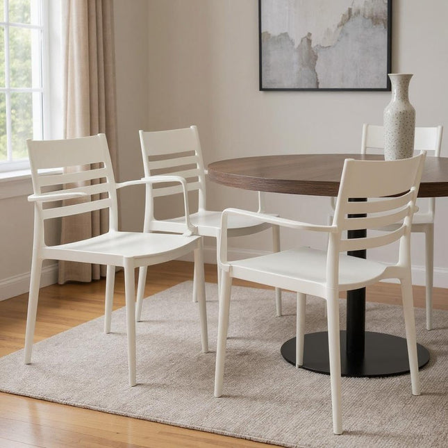 Set of Four White Heavy Duty Plastic Ladder Back Dining Arm Chairs HomeRoots