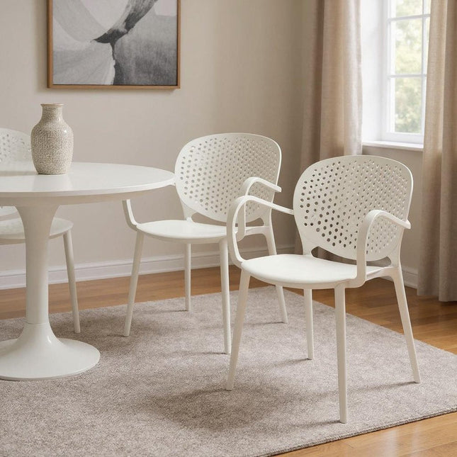 Set of Four White Heavy Duty Plastic Dining Arm Chairs HomeRoots