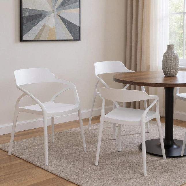 Set of Four White Heavy Duty Plastic Open Back Dining Arm Chairs HomeRoots