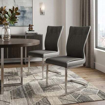 Set of Two Gray and Silver Faux Leather Dining Side Chairs HomeRoots