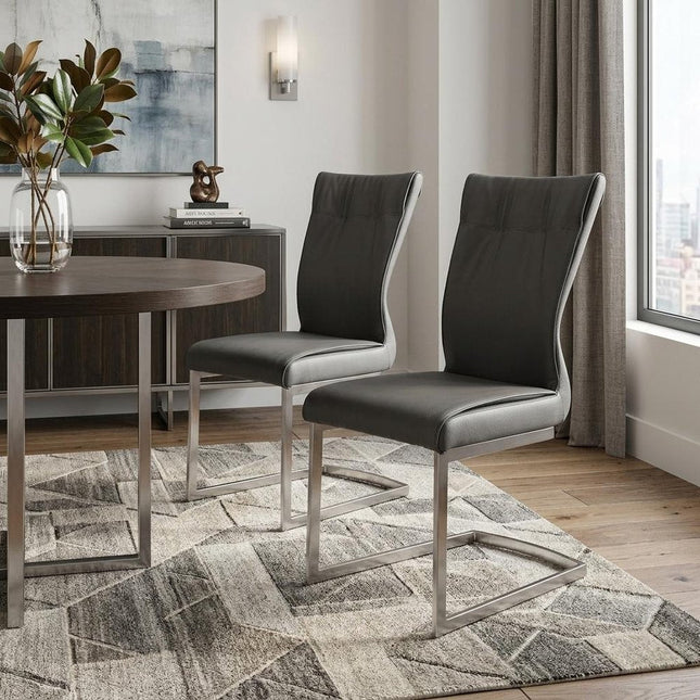 Set of Two Gray and Silver Faux Leather Dining Side Chairs HomeRoots