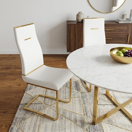 Set of Two White and Gold Faux Leather Dining Side Chairs HomeRoots