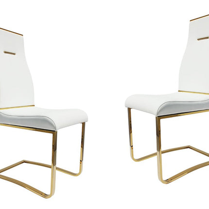 Set of Two White and Gold Faux Leather Dining Side Chairs