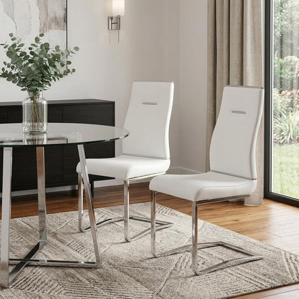 Set of Two White and Silver Faux Leather Dining Side Chairs