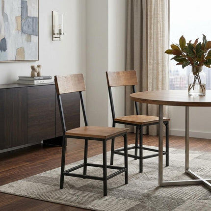Set of Two Brown and Black Metal and Solid Wood Open Back Dining Side Chairs