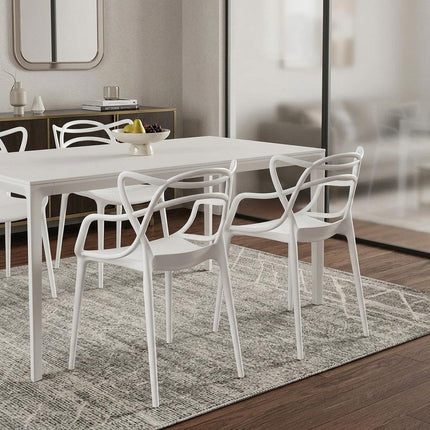 Set of Four White Heavy Duty Plastic Open Back Dining Arm Chairs
