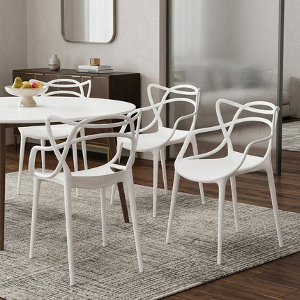 Set of Four White Heavy Duty Plastic Open Back Dining Arm Chairs