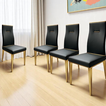 Set of Four Black and Gold Upholstered Faux Leather Dining Side Chairs