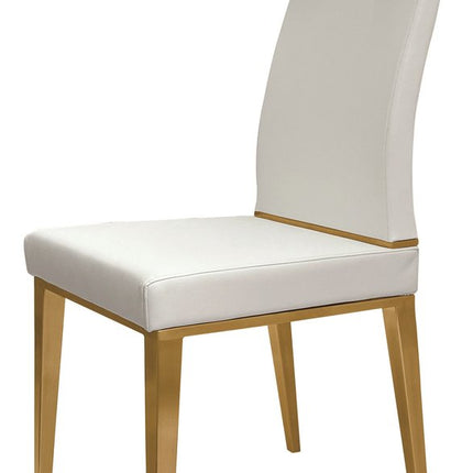 Set of Four White and Gold Upholstered Faux Leather Dining Side Chairs