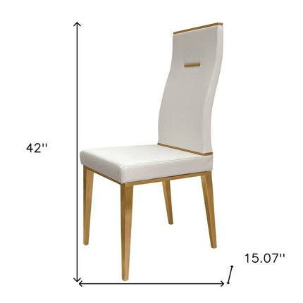 Set of Four White and Gold Upholstered Faux Leather Dining Side Chairs