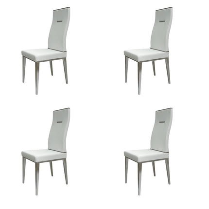 Set of Four White and Silver Upholstered Faux Leather Dining Side Chairs