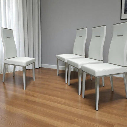 Set of Four White and Silver Upholstered Faux Leather Dining Side Chairs