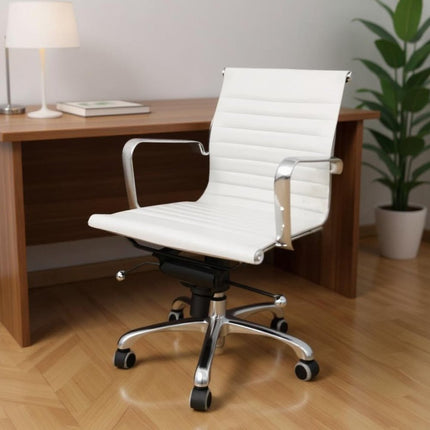 White and Silver Faux Leather Adjustable Height Swivel Rolling Office Chair HomeRoots