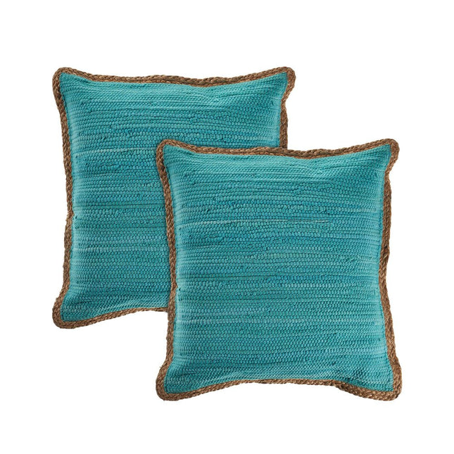 Set of Two 20" Turquoise Cotton And Jute Throw Pillows with Texture HomeRoots