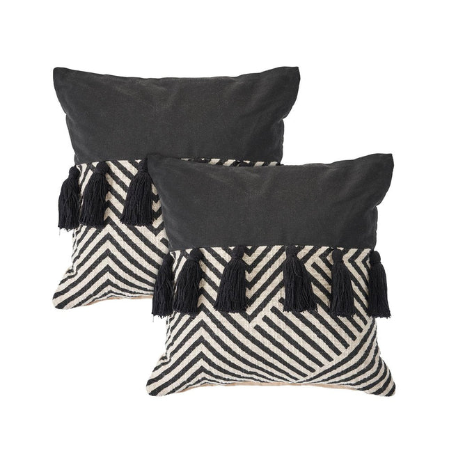 Set of Two Black and White Chevron Cotton Throw Pillow With Tassels HomeRoots