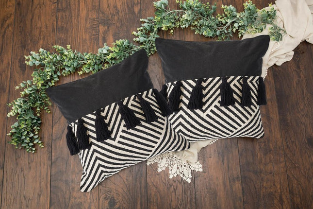 Set of Two Black and White Chevron Cotton Throw Pillow With Tassels HomeRoots