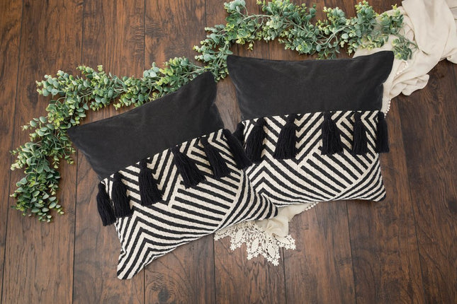 Set of Two Black and White Chevron Cotton Throw Pillow With Tassels HomeRoots
