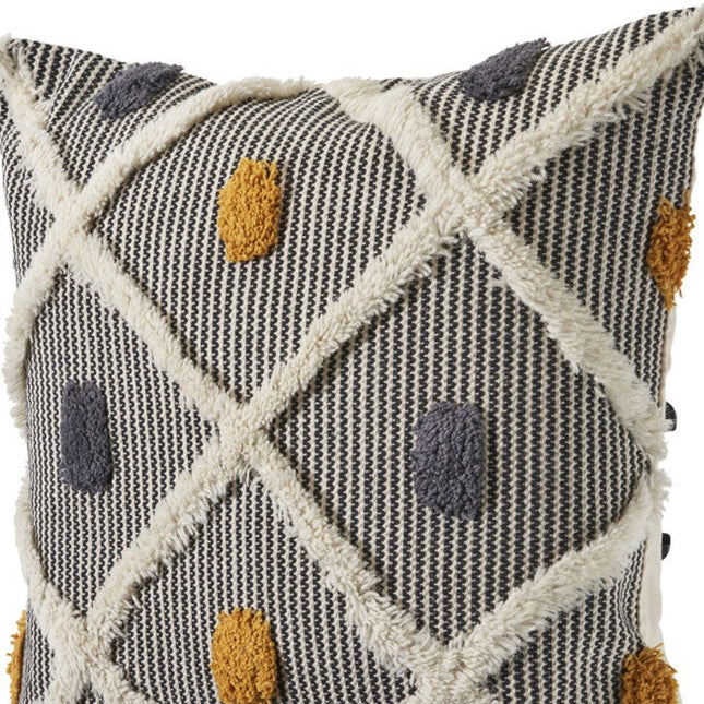 Set of Two 20" Black And Yellow Striped Cotton Throw Pillows with Fringe HomeRoots