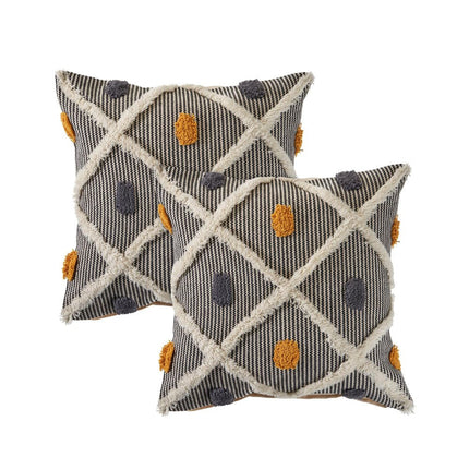 Set of Two 20" Black And Yellow Striped Cotton Throw Pillows with Fringe HomeRoots