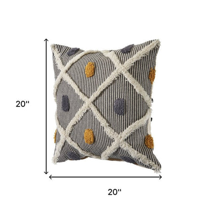 Set of Two 20" Black And Yellow Striped Cotton Throw Pillows with Fringe HomeRoots