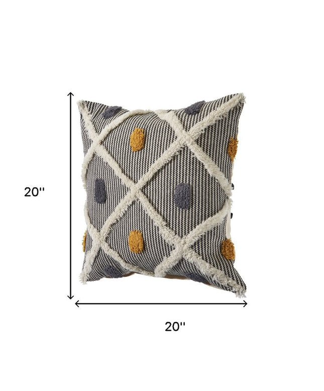 Set of Two 20" Black And Yellow Striped Cotton Throw Pillows with Fringe HomeRoots