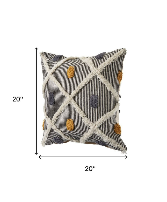 Set of Two Black and Yellow Striped Cotton Throw Pillows With Fringe
