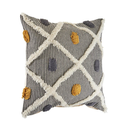 Set of Two 20" Black And Yellow Striped Cotton Throw Pillows with Fringe HomeRoots
