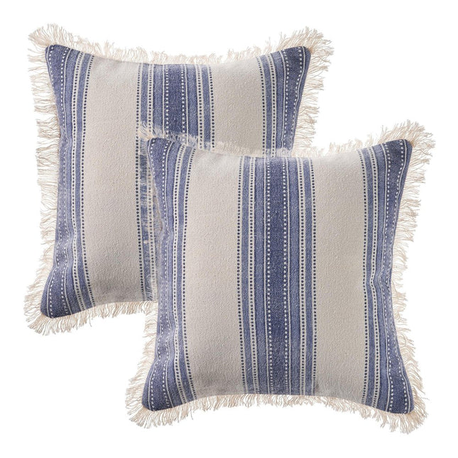 Set of Two 18" Blue and Cream Cotton Throw Pillows with Fringe HomeRoots