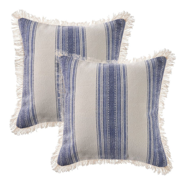 Set of Two 18" Blue and Cream Cotton Throw Pillows with Fringe HomeRoots