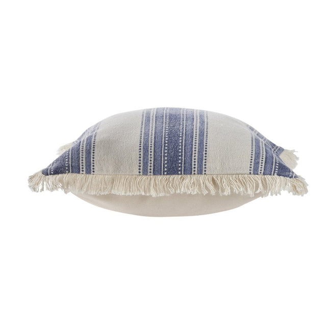 Set of Two 18" Blue and Cream Cotton Throw Pillows with Fringe HomeRoots